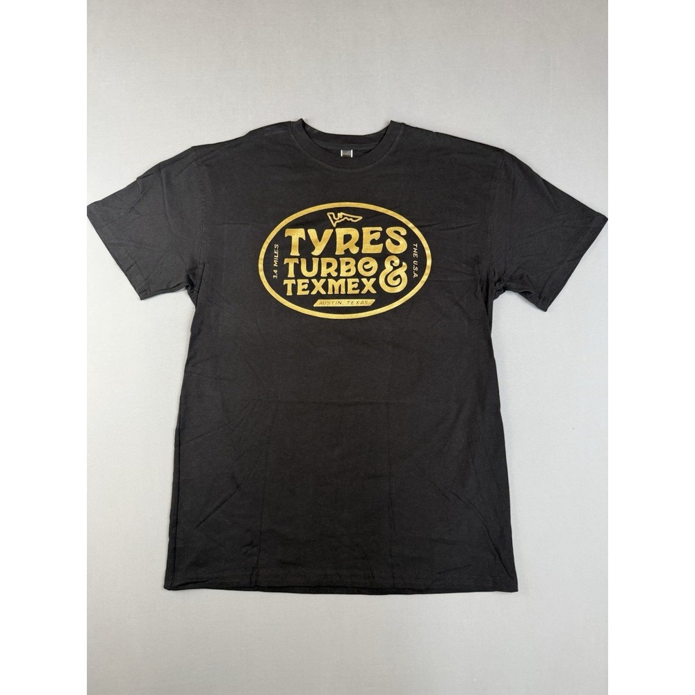 iD Men's Black Tyres Turbo & TexMex Austin Texas Graphic Crew Neck T-Shirt L